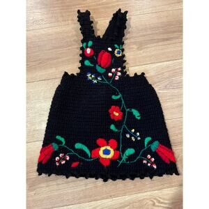 Vintage Child's Hand Crocheted Jumper Dress with Needlepoint Flowers